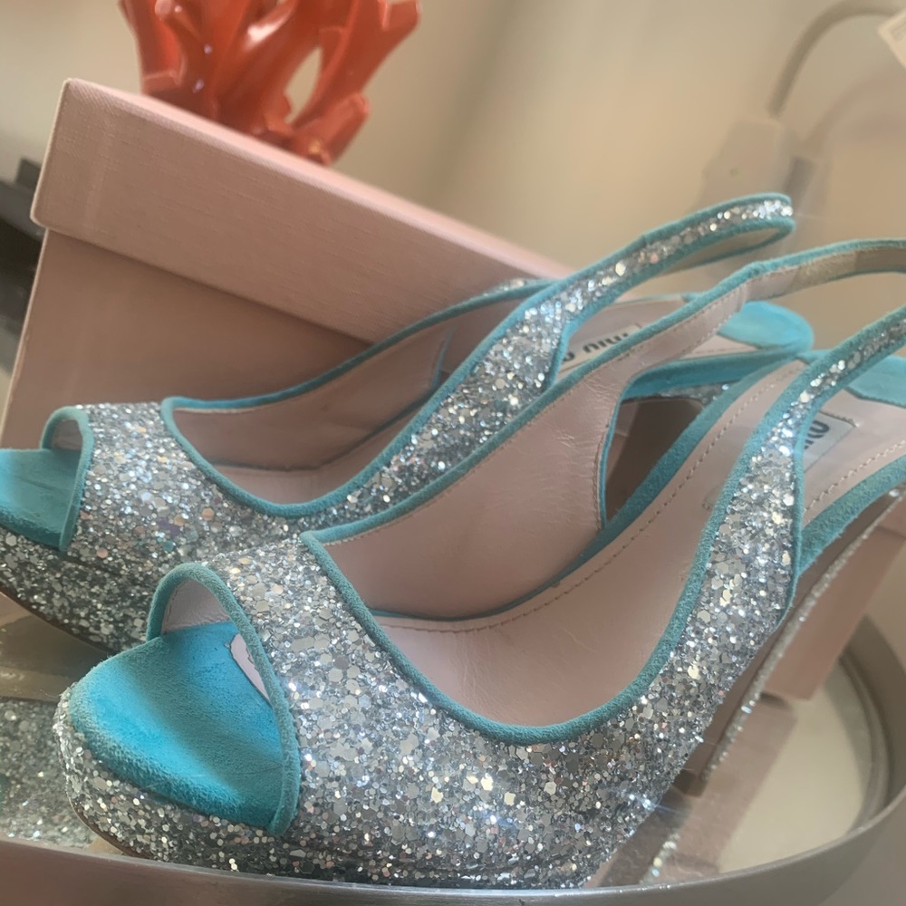 Miu miu glitter turquoise platform heels